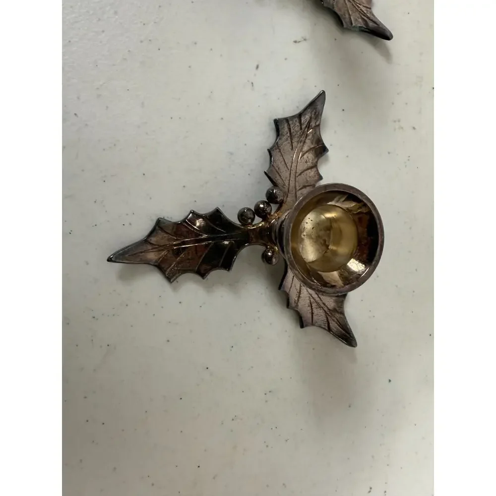 Restoration Hardware Christmas Holly Leaves & Berries‎ Candlesticks Silver Tone